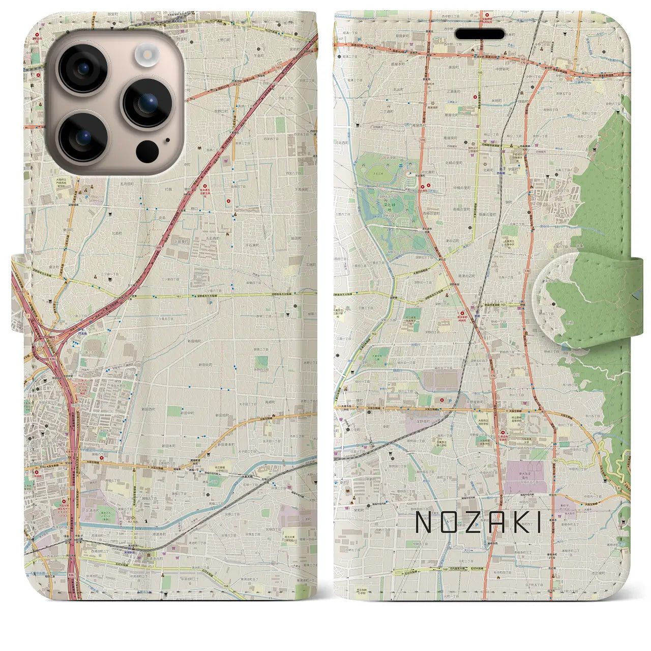 【野崎（大阪府）】地図柄iPhoneケース（手帳タイプ）ナチュラル・iPhone 16 Plus 用