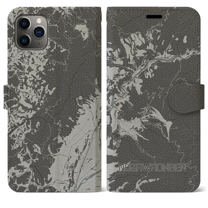 【野沢温泉（長野県）】地図柄iPhoneケース（手帳タイプ）モノトーン・iPhone 11 Pro Max 用