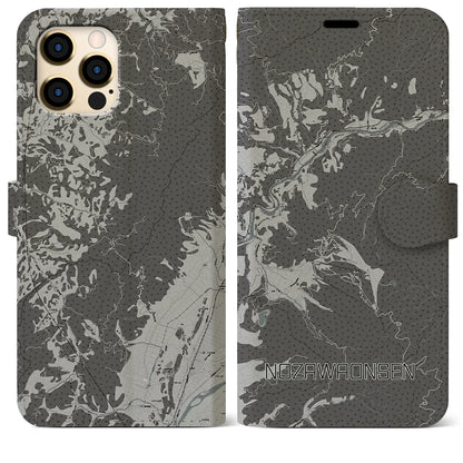 【野沢温泉（長野県）】地図柄iPhoneケース（手帳タイプ）モノトーン・iPhone 12 Pro Max 用