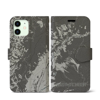 【野沢温泉（長野県）】地図柄iPhoneケース（手帳タイプ）モノトーン・iPhone 12 mini 用