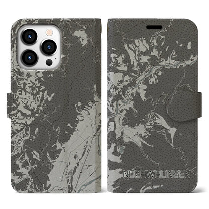 【野沢温泉（長野県）】地図柄iPhoneケース（手帳タイプ）モノトーン・iPhone 13 Pro 用