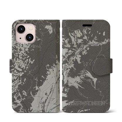 【野沢温泉（長野県）】地図柄iPhoneケース（手帳タイプ）モノトーン・iPhone 13 mini 用