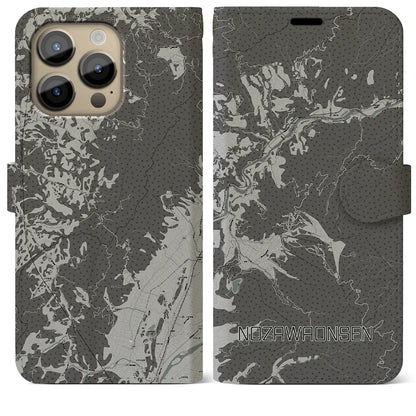 【野沢温泉（長野県）】地図柄iPhoneケース（手帳タイプ）モノトーン・iPhone 14 Pro Max 用
