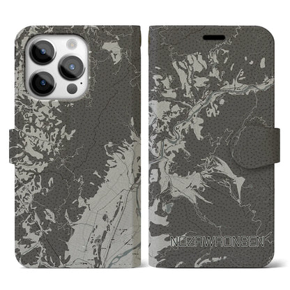 【野沢温泉（長野県）】地図柄iPhoneケース（手帳タイプ）モノトーン・iPhone 14 Pro 用