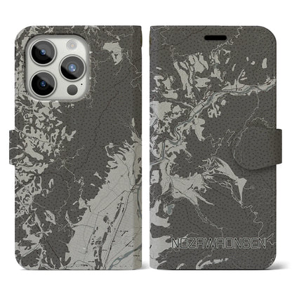 【野沢温泉（長野県）】地図柄iPhoneケース（手帳タイプ）モノトーン・iPhone 15 Pro 用