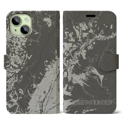 【野沢温泉（長野県）】地図柄iPhoneケース（手帳タイプ）モノトーン・iPhone 15 用