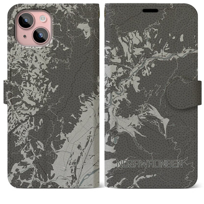【野沢温泉（長野県）】地図柄iPhoneケース（手帳タイプ）モノトーン・iPhone 15 Plus 用