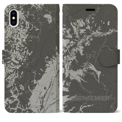 【野沢温泉（長野県）】地図柄iPhoneケース（手帳タイプ）モノトーン・iPhone XS Max 用