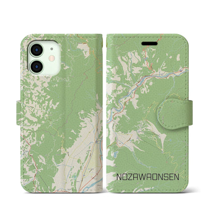 【野沢温泉（長野県）】地図柄iPhoneケース（手帳タイプ）ナチュラル・iPhone 12 mini 用