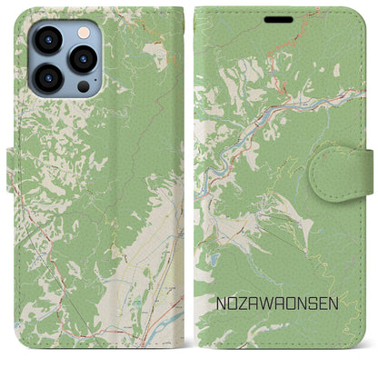 【野沢温泉（長野県）】地図柄iPhoneケース（手帳タイプ）ナチュラル・iPhone 13 Pro Max 用