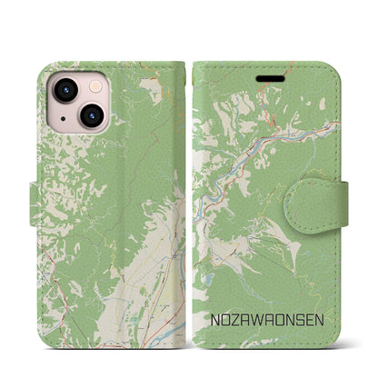 【野沢温泉（長野県）】地図柄iPhoneケース（手帳タイプ）ナチュラル・iPhone 13 mini 用