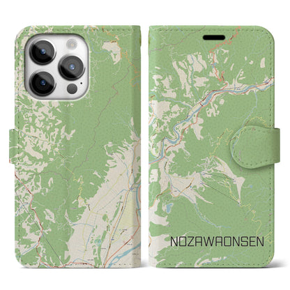 【野沢温泉（長野県）】地図柄iPhoneケース（手帳タイプ）ナチュラル・iPhone 14 Pro 用
