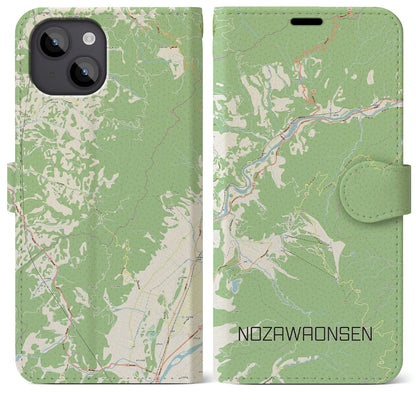 【野沢温泉（長野県）】地図柄iPhoneケース（手帳タイプ）ナチュラル・iPhone 14 Plus 用