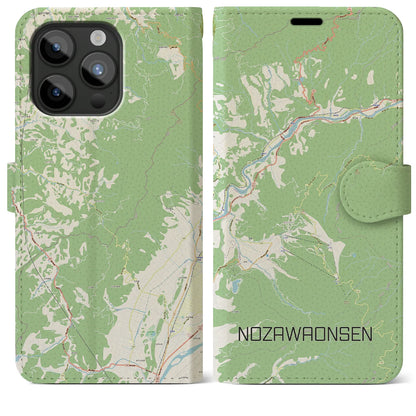 【野沢温泉（長野県）】地図柄iPhoneケース（手帳タイプ）ナチュラル・iPhone 15 Pro Max 用