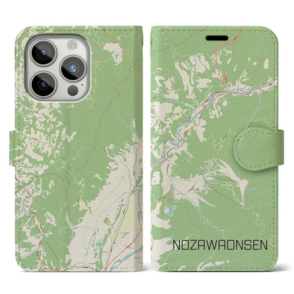 【野沢温泉（長野県）】地図柄iPhoneケース（手帳タイプ）ナチュラル・iPhone 15 Pro 用