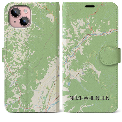 【野沢温泉（長野県）】地図柄iPhoneケース（手帳タイプ）ナチュラル・iPhone 15 Plus 用