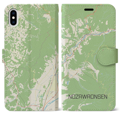 【野沢温泉（長野県）】地図柄iPhoneケース（手帳タイプ）ナチュラル・iPhone XS Max 用