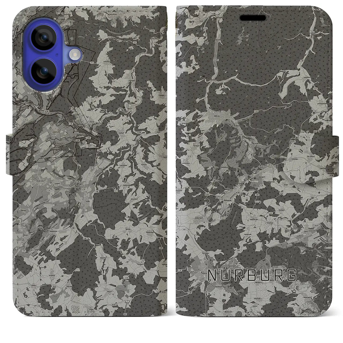 【ニュルブルク(ドイツ)】地図柄iPhoneケース(手帳タイプ)モノトーン・iPhone 16 Pro Max 用