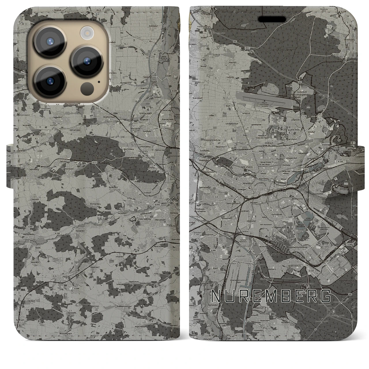 【ニュルンベルク】地図柄iPhoneケース（手帳両面タイプ・モノトーン）iPhone 14 Pro Max 用