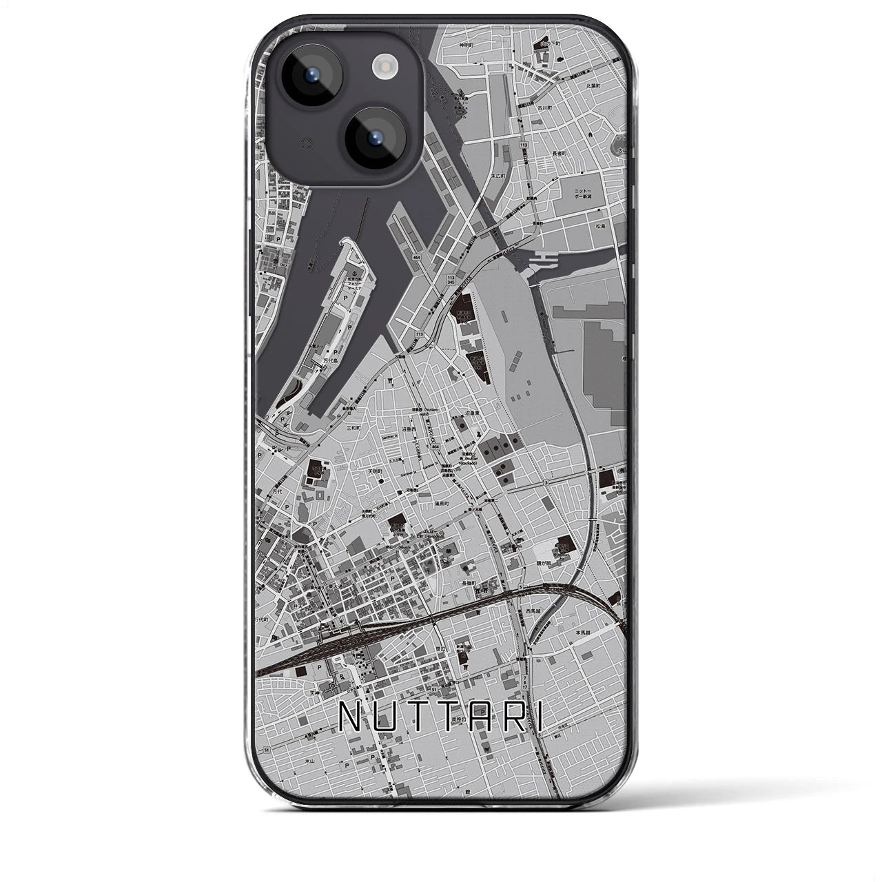 【沼垂（新潟県）】地図柄iPhoneケース（クリアタイプ）モノトーン・iPhone 14 Plus 用