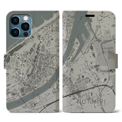 【沼垂（新潟県）】地図柄iPhoneケース（手帳タイプ）モノトーン・iPhone 12 / 12 Pro 用