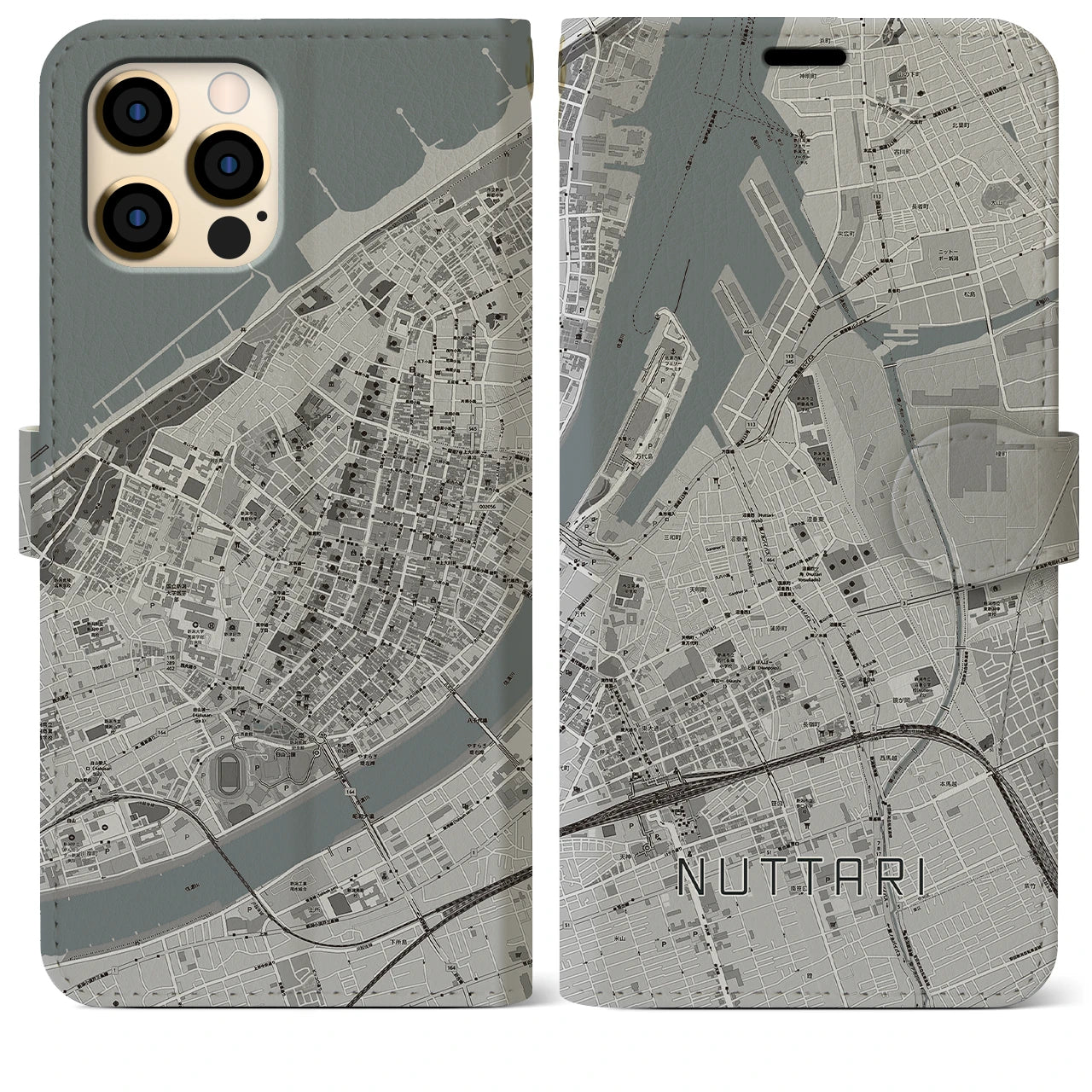 【沼垂】地図柄iPhoneケース（手帳両面タイプ・モノトーン）iPhone 12 Pro Max 用