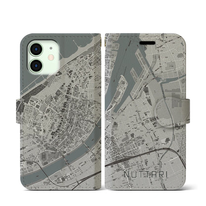 【沼垂（新潟県）】地図柄iPhoneケース（手帳タイプ）モノトーン・iPhone 12 mini 用