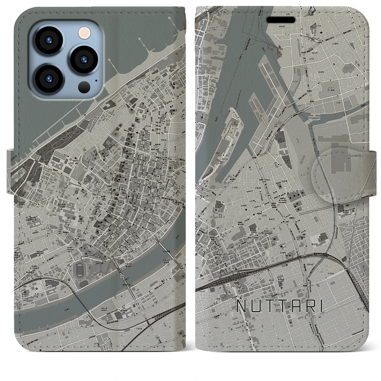 【沼垂】地図柄iPhoneケース（手帳両面タイプ・モノトーン）iPhone 13 Pro Max 用