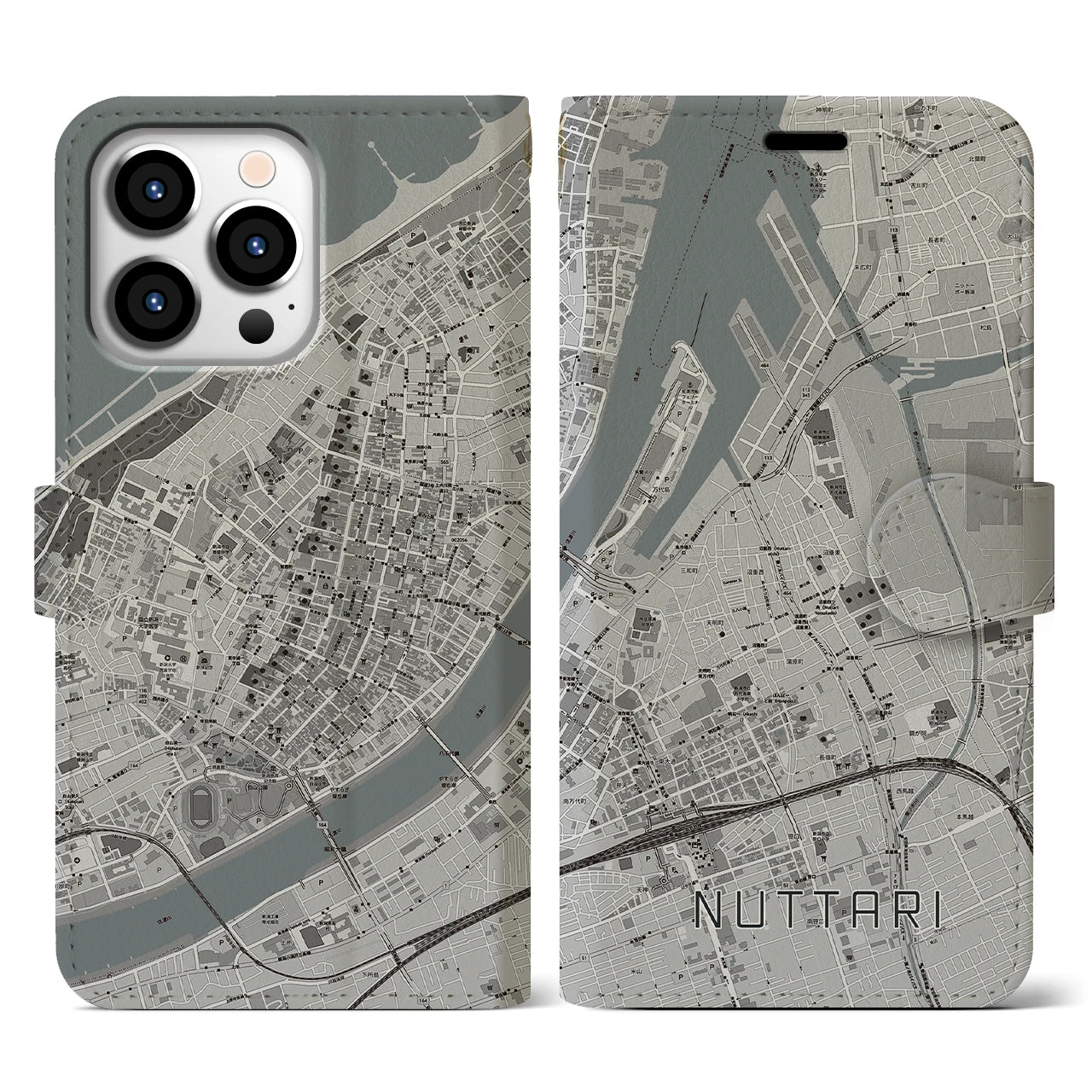 【沼垂】地図柄iPhoneケース（手帳両面タイプ・モノトーン）iPhone 13 Pro 用