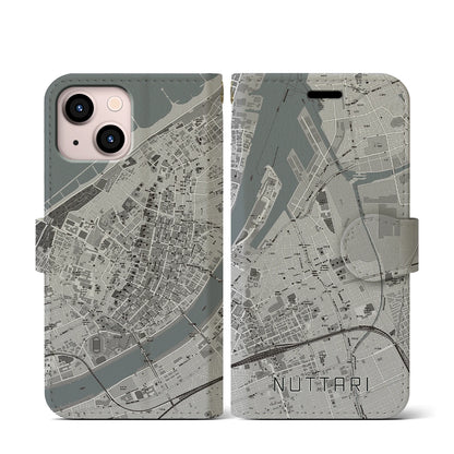 【沼垂（新潟県）】地図柄iPhoneケース（手帳タイプ）モノトーン・iPhone 13 mini 用