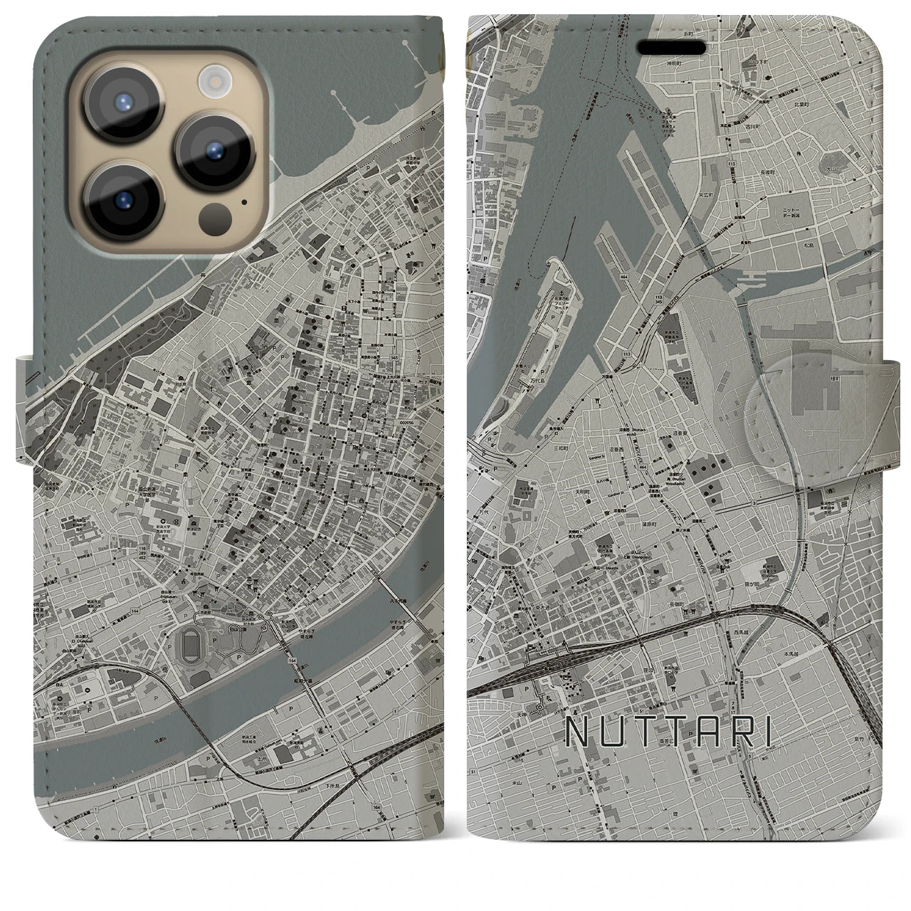 【沼垂】地図柄iPhoneケース（手帳両面タイプ・モノトーン）iPhone 14 Pro Max 用