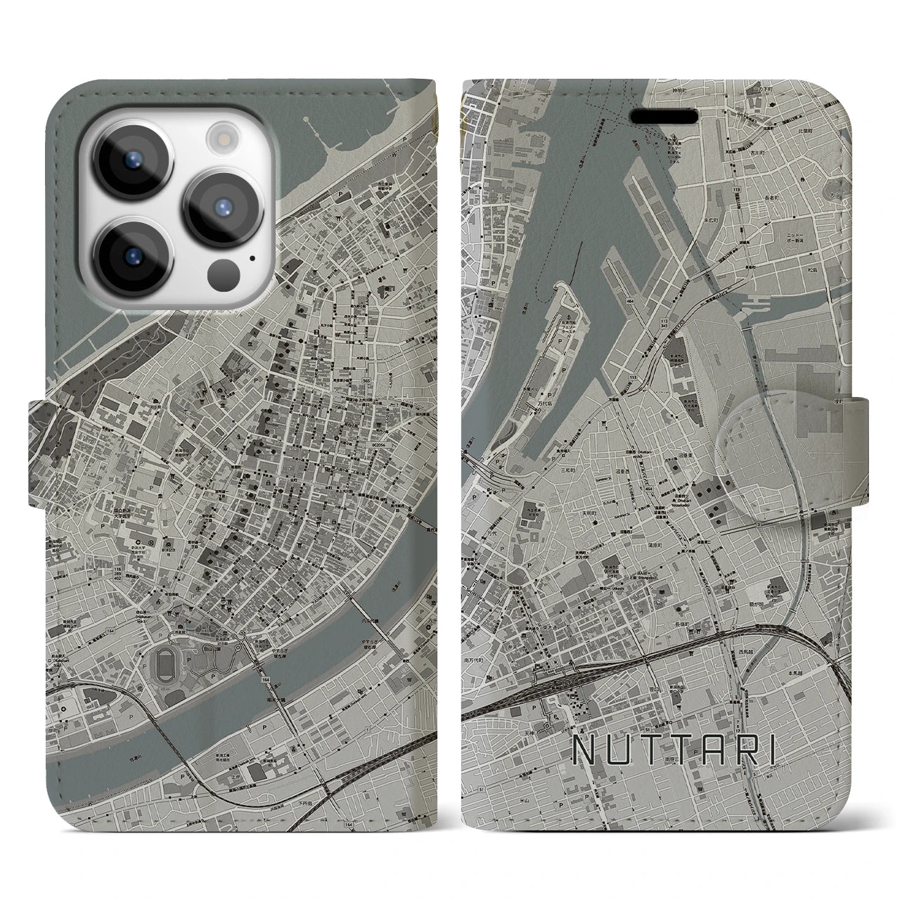 【沼垂】地図柄iPhoneケース（手帳両面タイプ・モノトーン）iPhone 14 Pro 用