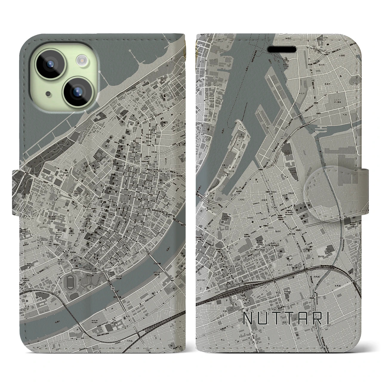【沼垂】地図柄iPhoneケース（手帳両面タイプ・モノトーン）iPhone 15 用