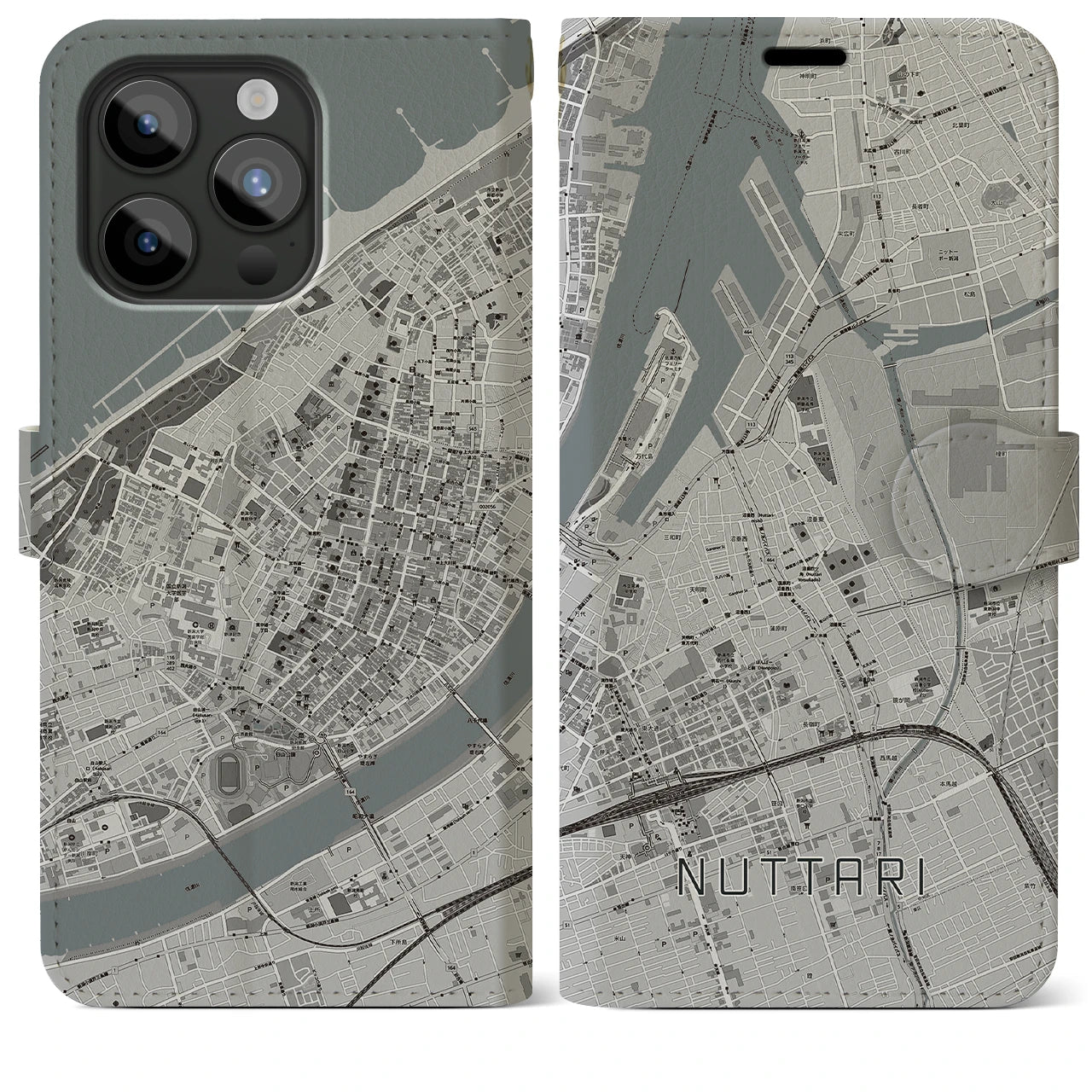 【沼垂】地図柄iPhoneケース（手帳両面タイプ・モノトーン）iPhone 15 Pro Max 用