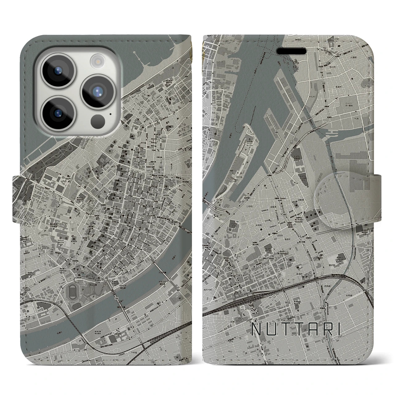 【沼垂】地図柄iPhoneケース（手帳両面タイプ・モノトーン）iPhone 15 Pro 用