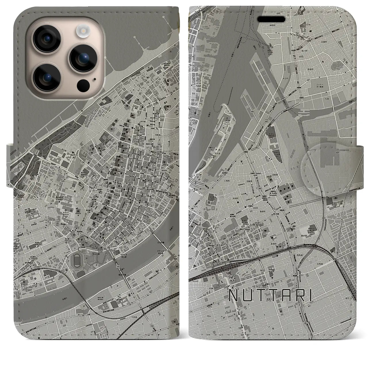 【沼垂（新潟県）】地図柄iPhoneケース（手帳タイプ）モノトーン・iPhone 16 Plus 用