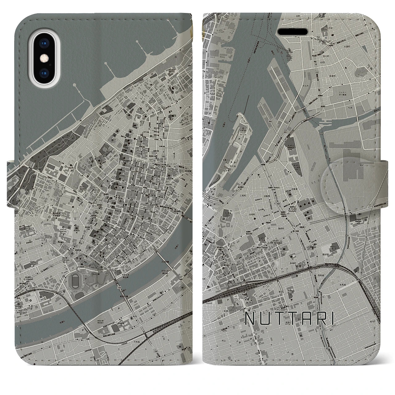 【沼垂】地図柄iPhoneケース（手帳両面タイプ・モノトーン）iPhone XS Max 用