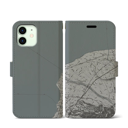 【入善（富山県）】地図柄iPhoneケース（手帳タイプ）モノトーン・iPhone 12 mini 用