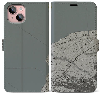 【入善（富山県）】地図柄iPhoneケース（手帳タイプ）モノトーン・iPhone 15 Plus 用