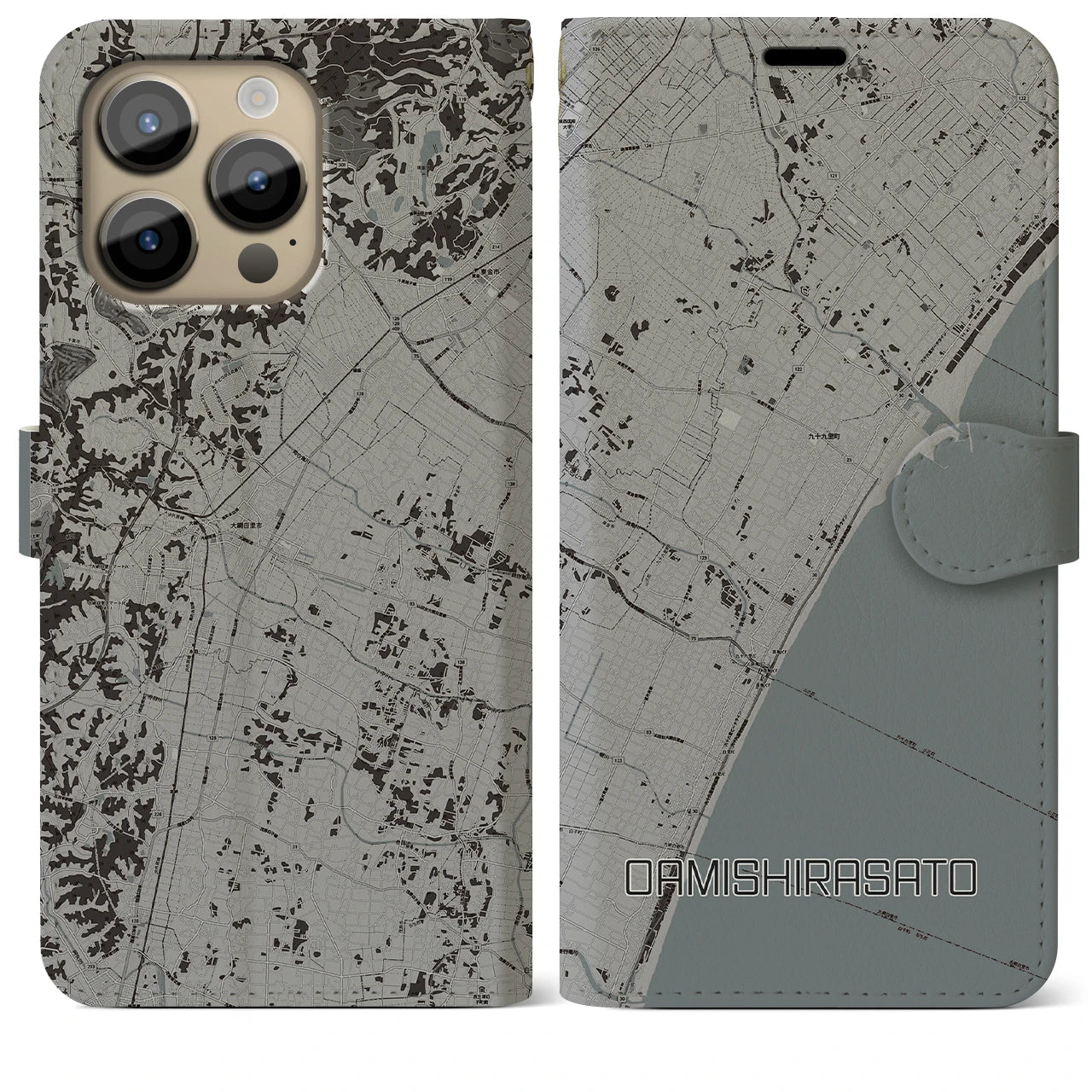 【大網白里】地図柄iPhoneケース（手帳両面タイプ・モノトーン）iPhone 14 Pro Max 用