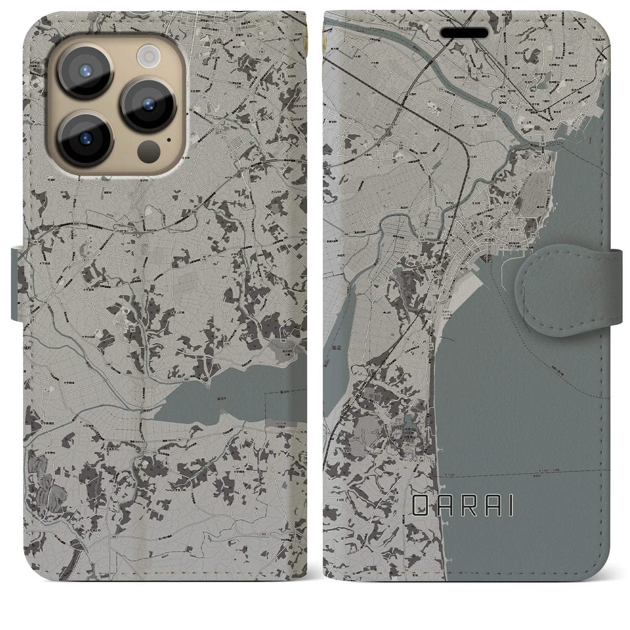 【大洗】地図柄iPhoneケース（手帳両面タイプ・モノトーン）iPhone 14 Pro Max 用