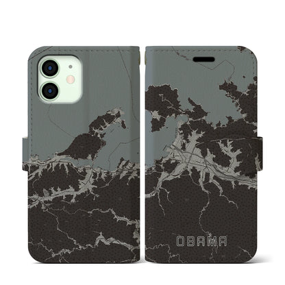 【小浜（福井県）】地図柄iPhoneケース（手帳タイプ）モノトーン・iPhone 12 mini 用