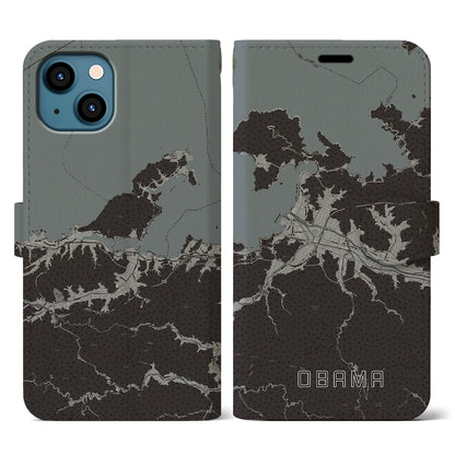 【小浜（福井県）】地図柄iPhoneケース（手帳タイプ）モノトーン・iPhone 13 用