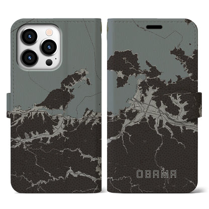 【小浜（福井県）】地図柄iPhoneケース（手帳タイプ）モノトーン・iPhone 13 Pro 用