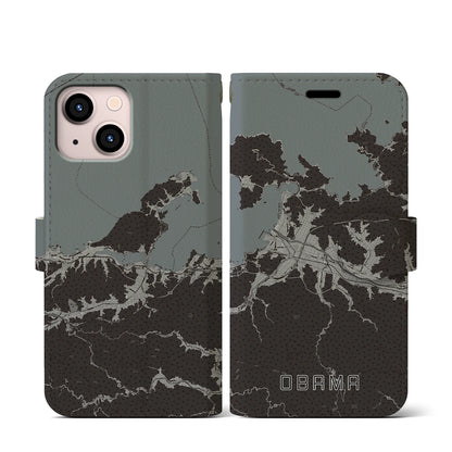 【小浜（福井県）】地図柄iPhoneケース（手帳タイプ）モノトーン・iPhone 13 mini 用