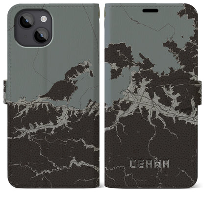 【小浜（福井県）】地図柄iPhoneケース（手帳タイプ）モノトーン・iPhone 14 Plus 用