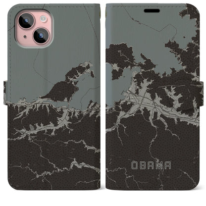 【小浜（福井県）】地図柄iPhoneケース（手帳タイプ）モノトーン・iPhone 15 Plus 用