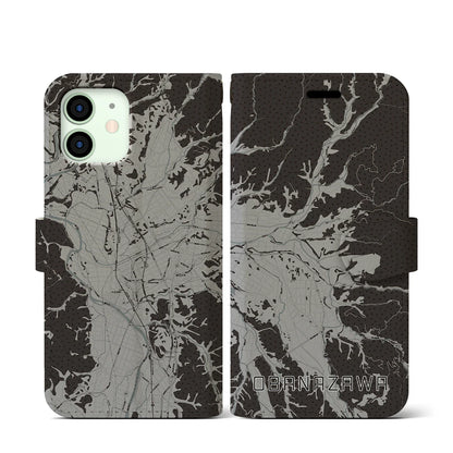 【尾花沢（山形県）】地図柄iPhoneケース（手帳タイプ）モノトーン・iPhone 12 mini 用