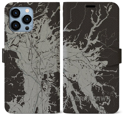 【尾花沢（山形県）】地図柄iPhoneケース（手帳タイプ）モノトーン・iPhone 13 Pro Max 用