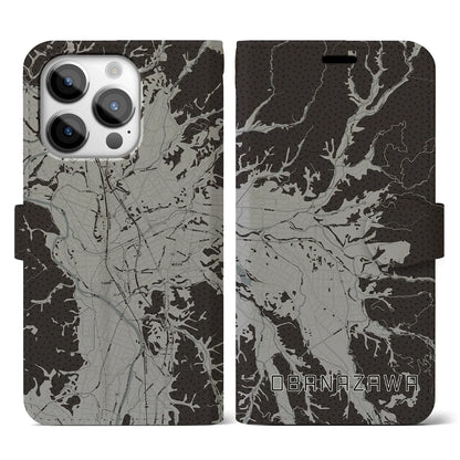 【尾花沢（山形県）】地図柄iPhoneケース（手帳タイプ）モノトーン・iPhone 14 Pro 用